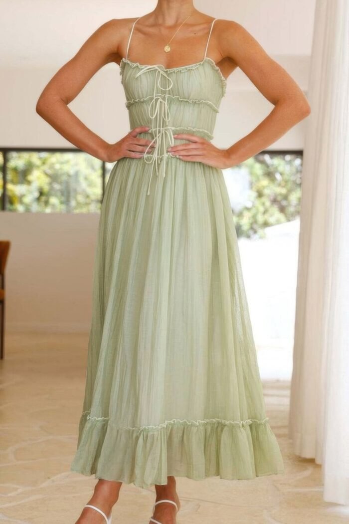 Off shoulder knot pleated ruffle hem dress - image 14