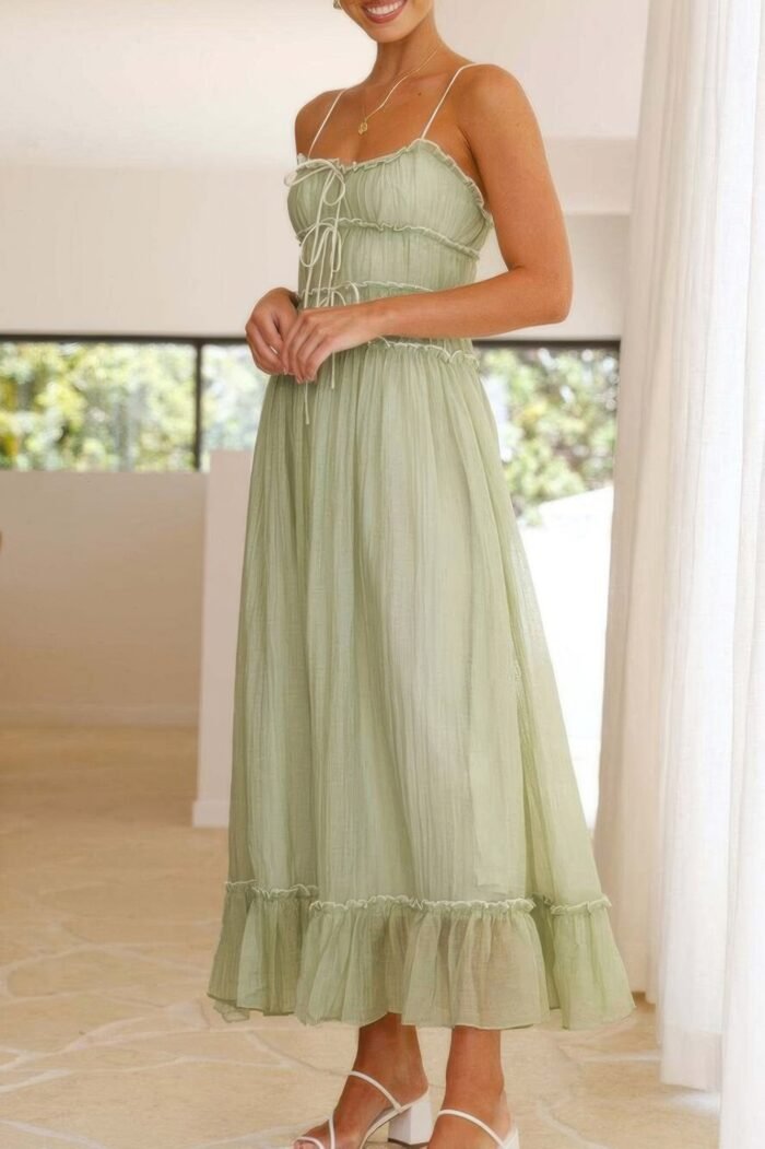 Off shoulder knot pleated ruffle hem dress - image 16