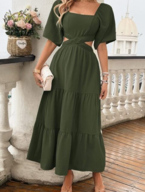 Solid Square Neck Cut Out Cross Ruffle Dress