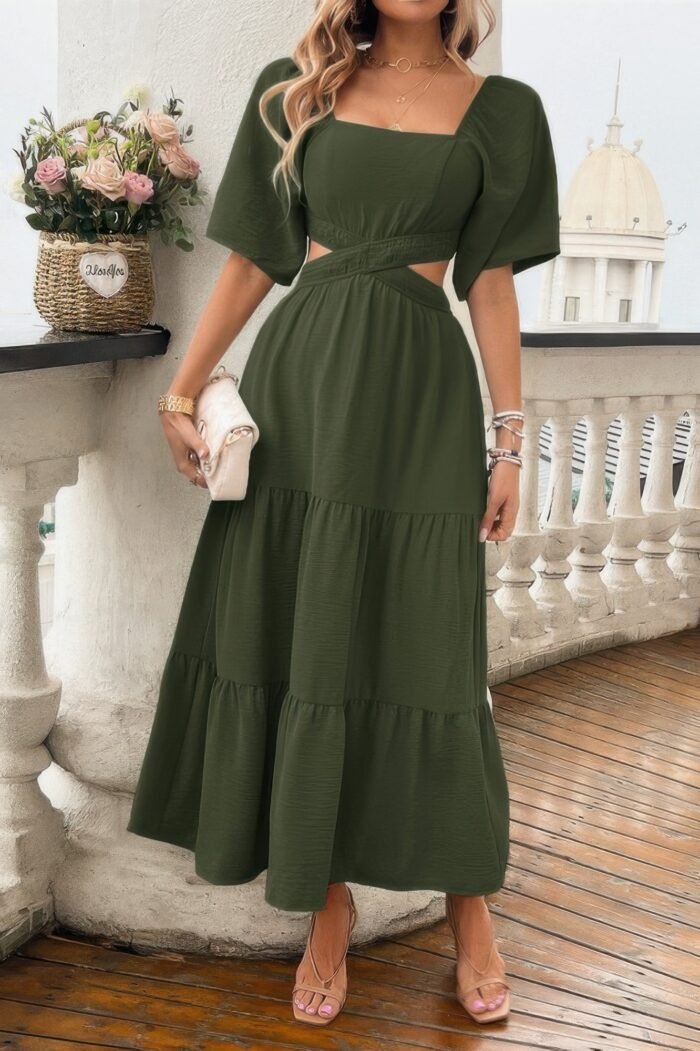 Solid square neck cut out cross ruffle dress - image 1