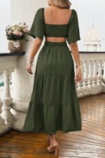 Solid Square Neck Cut Out Cross Ruffle Dress - Image 3