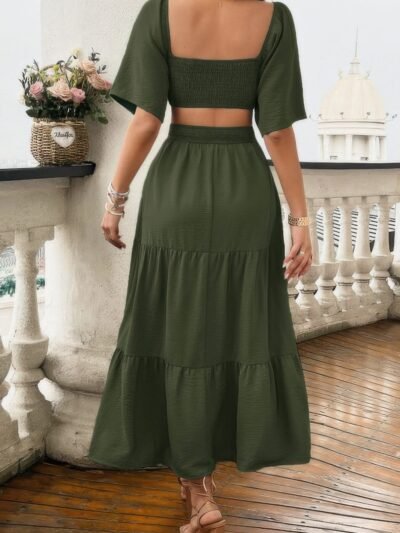 Solid Square Neck Cut Out Cross Ruffle Dress Solid Square Neck Cut Out Cross Ruffle Dress