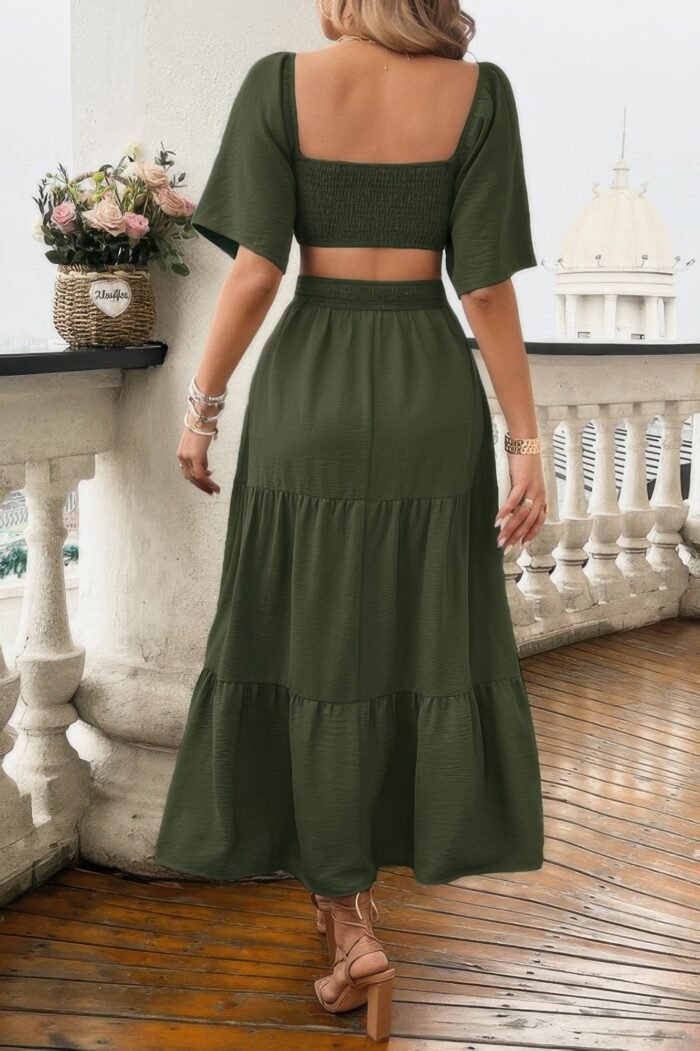 Solid square neck cut out cross ruffle dress - image 3