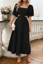 Solid Square Neck Cut Out Cross Ruffle Dress - Image 4