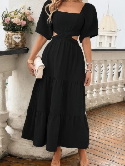 Solid Square Neck Cut Out Cross Ruffle Dress Solid Square Neck Cut Out Cross Ruffle Dress