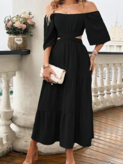 Solid Square Neck Cut Out Cross Ruffle Dress Solid Square Neck Cut Out Cross Ruffle Dress