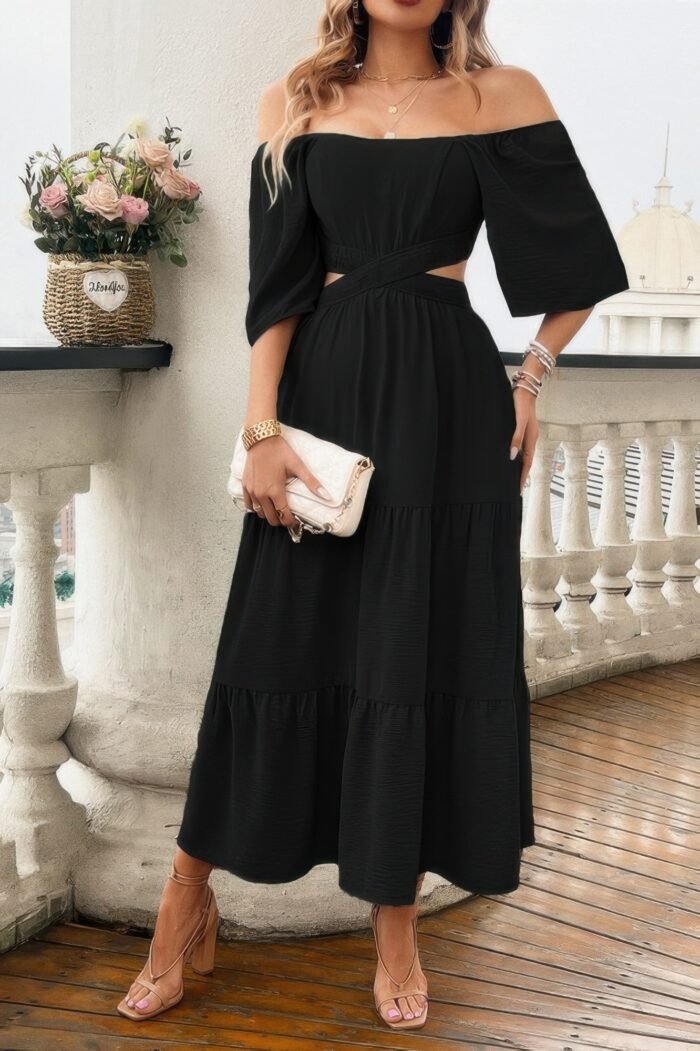 Solid square neck cut out cross ruffle dress - image 5