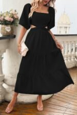 Solid Square Neck Cut Out Cross Ruffle Dress - Image 7