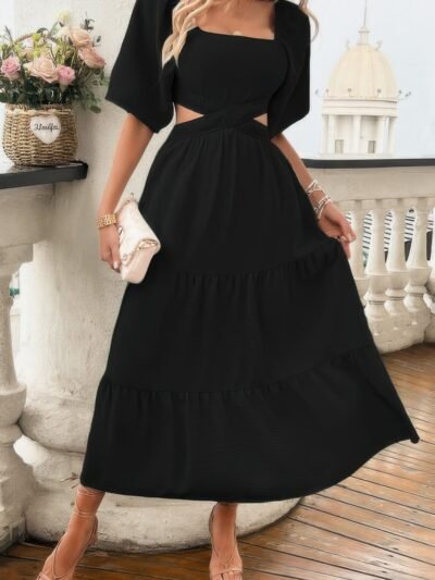 Solid Square Neck Cut Out Cross Ruffle Dress Solid Square Neck Cut Out Cross Ruffle Dress