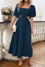 Solid Square Neck Cut Out Cross Ruffle Dress - Image 8