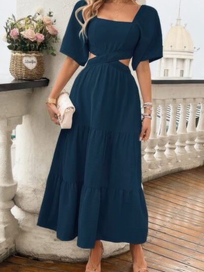 Solid Square Neck Cut Out Cross Ruffle Dress Solid Square Neck Cut Out Cross Ruffle Dress