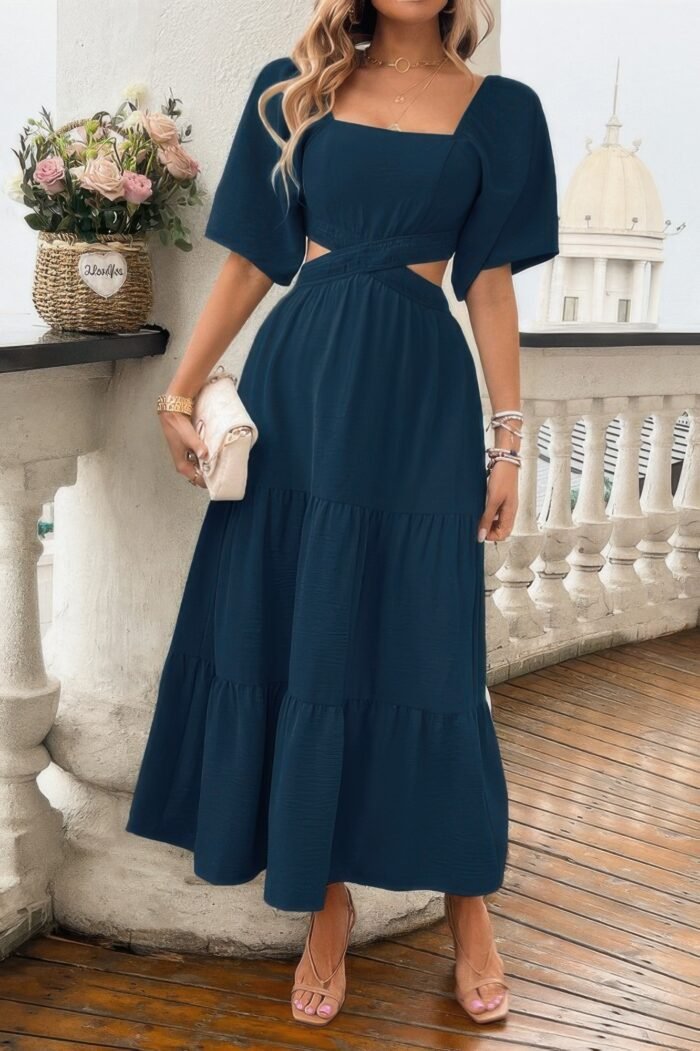 Solid square neck cut out cross ruffle dress - image 8