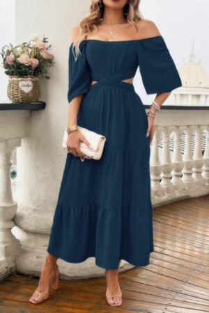 Solid Square Neck Cut Out Cross Ruffle Dress