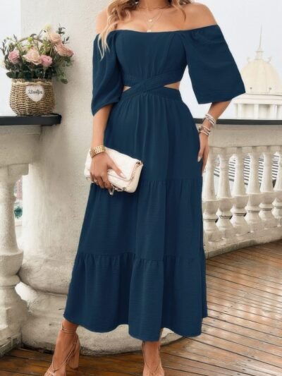 Solid Square Neck Cut Out Cross Ruffle Dress Solid Square Neck Cut Out Cross Ruffle Dress