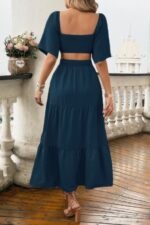 Solid Square Neck Cut Out Cross Ruffle Dress - Image 11