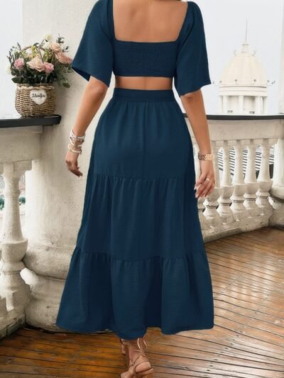 Solid Square Neck Cut Out Cross Ruffle Dress Solid Square Neck Cut Out Cross Ruffle Dress