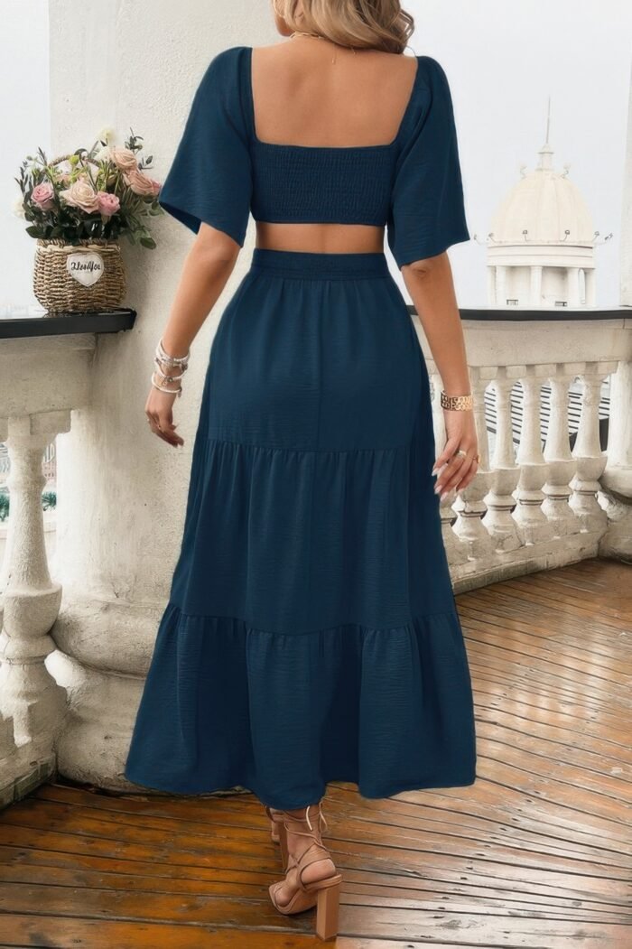 Solid square neck cut out cross ruffle dress - image 11