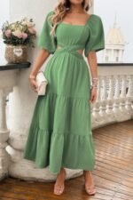 Solid Square Neck Cut Out Cross Ruffle Dress - Image 12