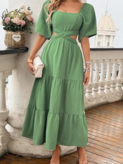 Solid Square Neck Cut Out Cross Ruffle Dress Solid Square Neck Cut Out Cross Ruffle Dress