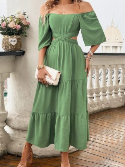 Solid Square Neck Cut Out Cross Ruffle Dress Solid Square Neck Cut Out Cross Ruffle Dress