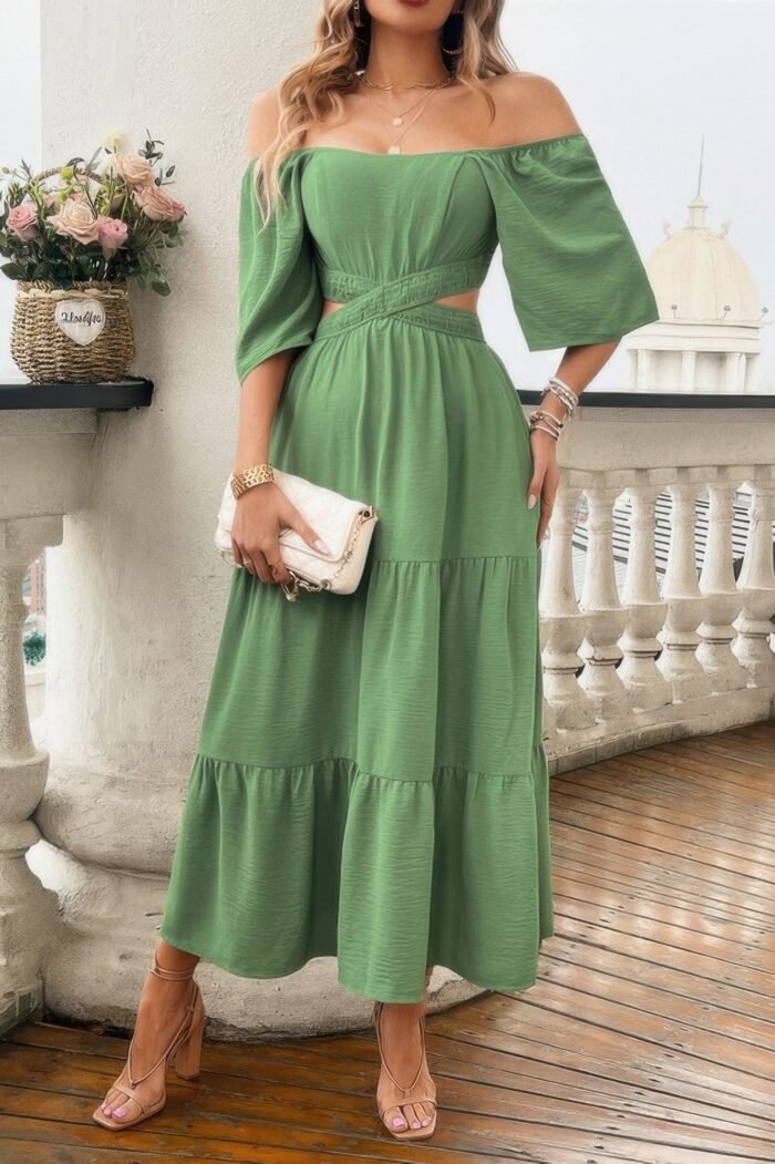 Solid square neck cut out cross ruffle dress - image 13