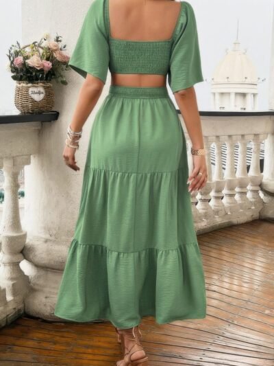 Solid Square Neck Cut Out Cross Ruffle Dress Solid Square Neck Cut Out Cross Ruffle Dress