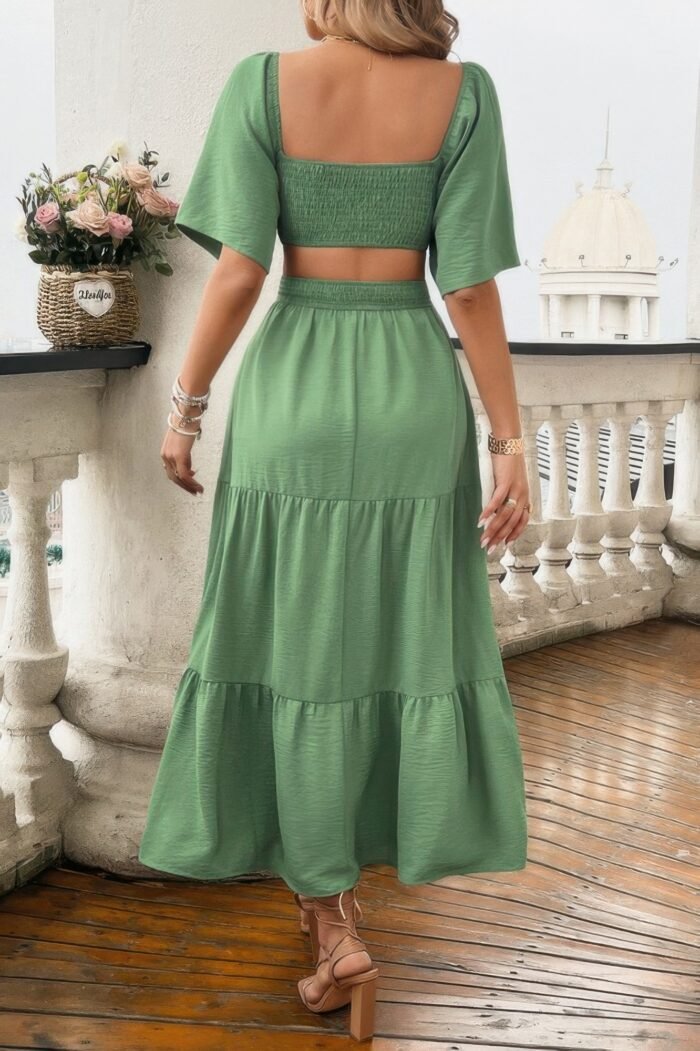 Solid square neck cut out cross ruffle dress - image 15