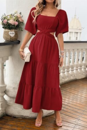 Solid Square Neck Cut Out Cross Ruffle Dress