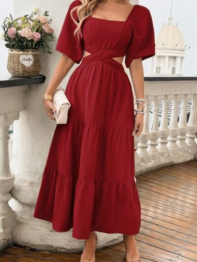 Solid Square Neck Cut Out Cross Ruffle Dress Solid Square Neck Cut Out Cross Ruffle Dress