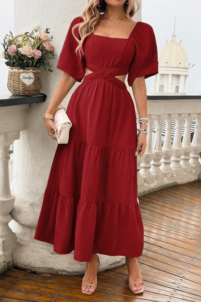 Solid square neck cut out cross ruffle dress - image 16