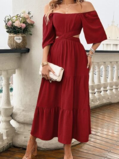 Solid Square Neck Cut Out Cross Ruffle Dress Solid Square Neck Cut Out Cross Ruffle Dress