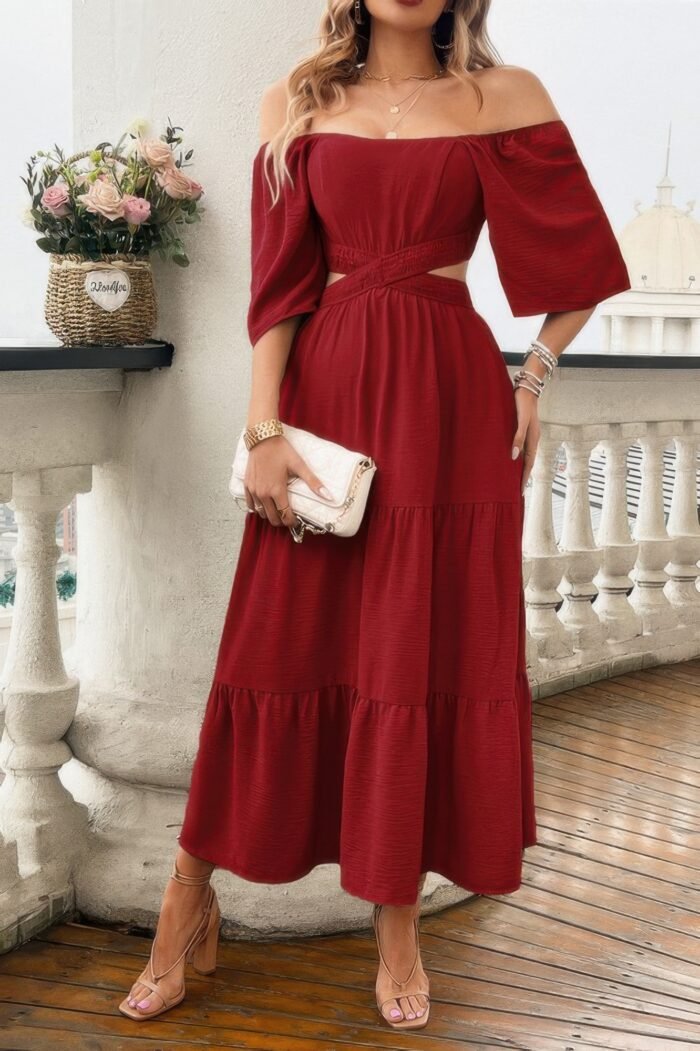 Solid square neck cut out cross ruffle dress - image 17