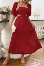 Solid Square Neck Cut Out Cross Ruffle Dress - Image 18
