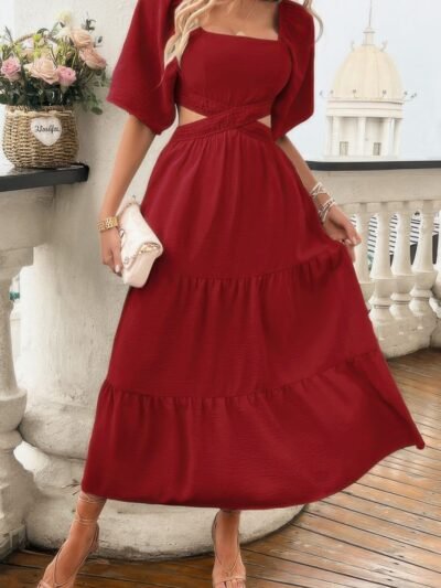 Solid Square Neck Cut Out Cross Ruffle Dress Solid Square Neck Cut Out Cross Ruffle Dress