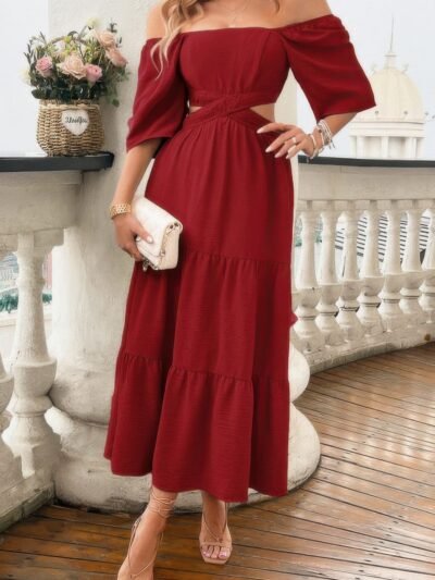 Solid Square Neck Cut Out Cross Ruffle Dress Solid Square Neck Cut Out Cross Ruffle Dress