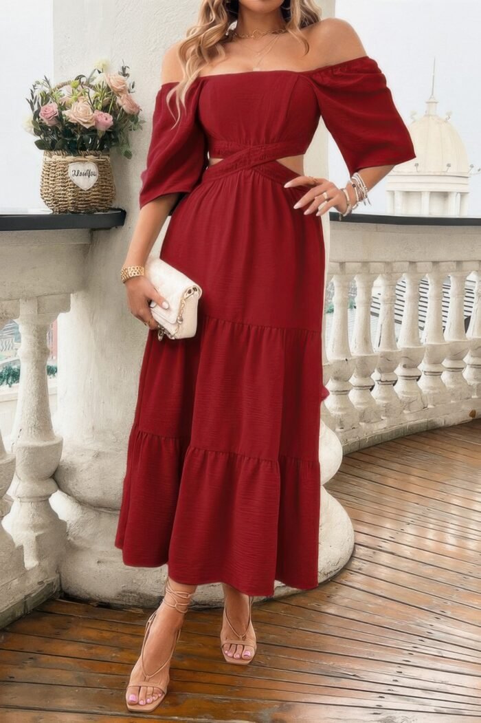 Solid square neck cut out cross ruffle dress - image 19