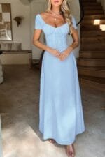 Deep Square Neck Drawstring Back Fit Dress