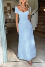 Deep Square Neck Drawstring Back Fit Dress