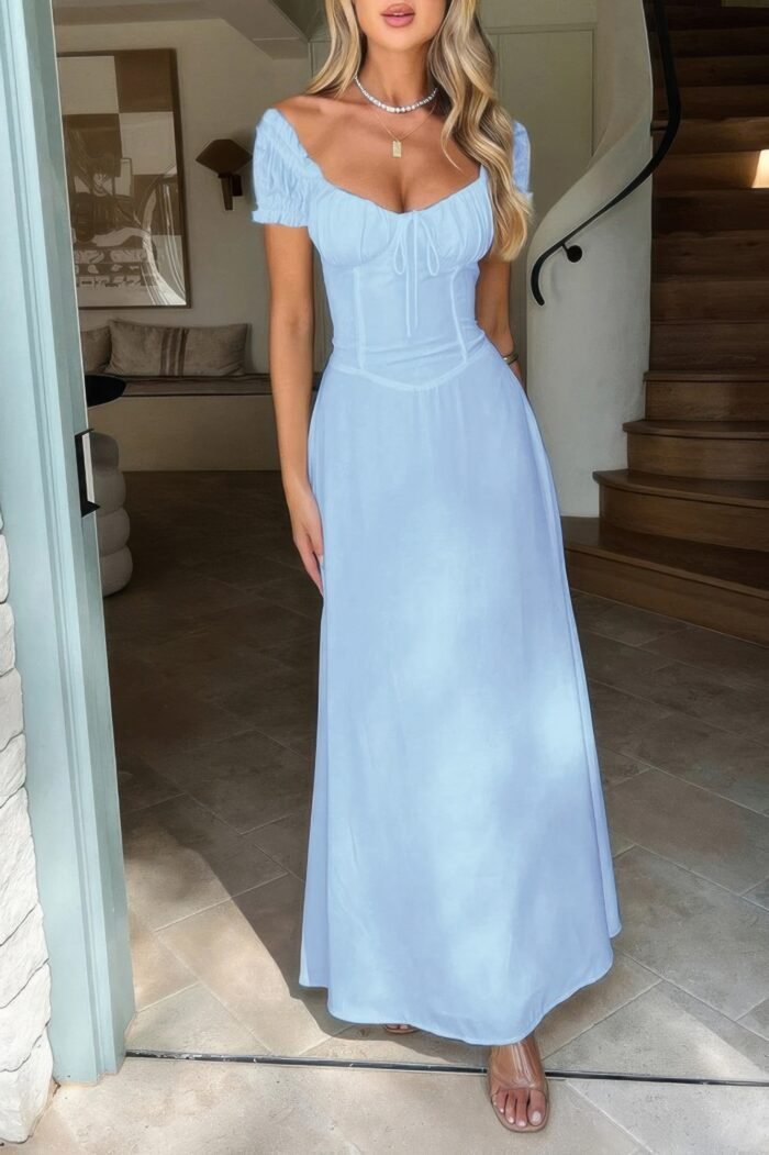 Deep Square Neck Drawstring Back Fit Dress - Image 3