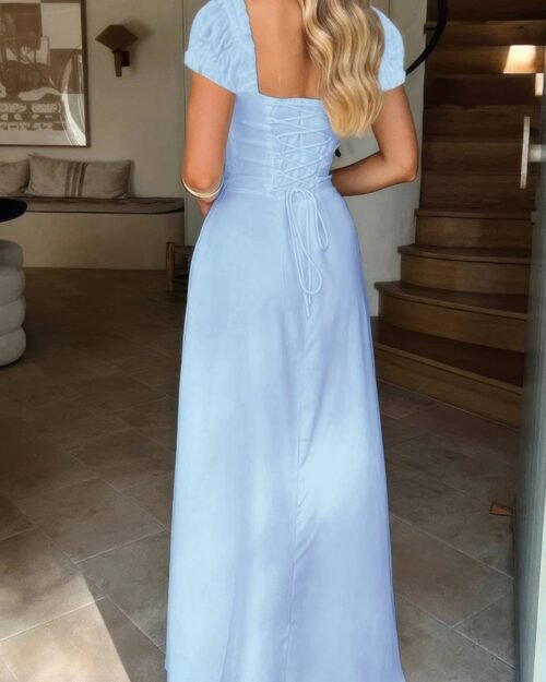 deep square neck drawstring back fit dress