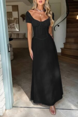 Deep Square Neck Drawstring Back Fit Dress Deep Square Neck Drawstring Back Fit Dress
