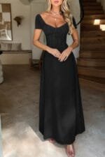 Deep Square Neck Drawstring Back Fit Dress