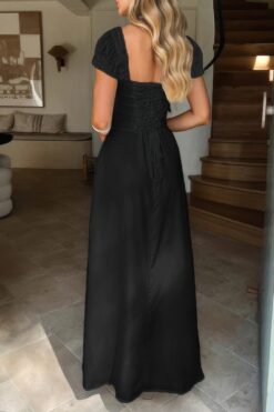 Deep Square Neck Drawstring Back Fit Dress