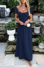 Deep Square Neck Drawstring Back Fit Dress