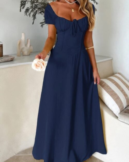 deep square neck drawstring back fit dress