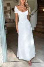 Deep Square Neck Drawstring Back Fit Dress