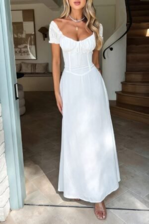 Deep Square Neck Drawstring Back Fit Dress Deep Square Neck Drawstring Back Fit Dress