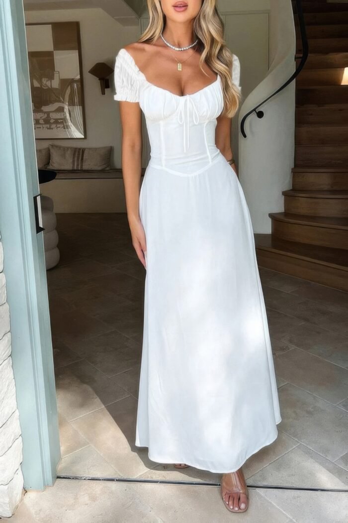 Deep Square Neck Drawstring Back Fit Dress - Image 13