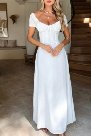 Deep Square Neck Drawstring Back Fit Dress Deep Square Neck Drawstring Back Fit Dress