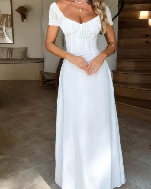 deep square neck drawstring back fit dress